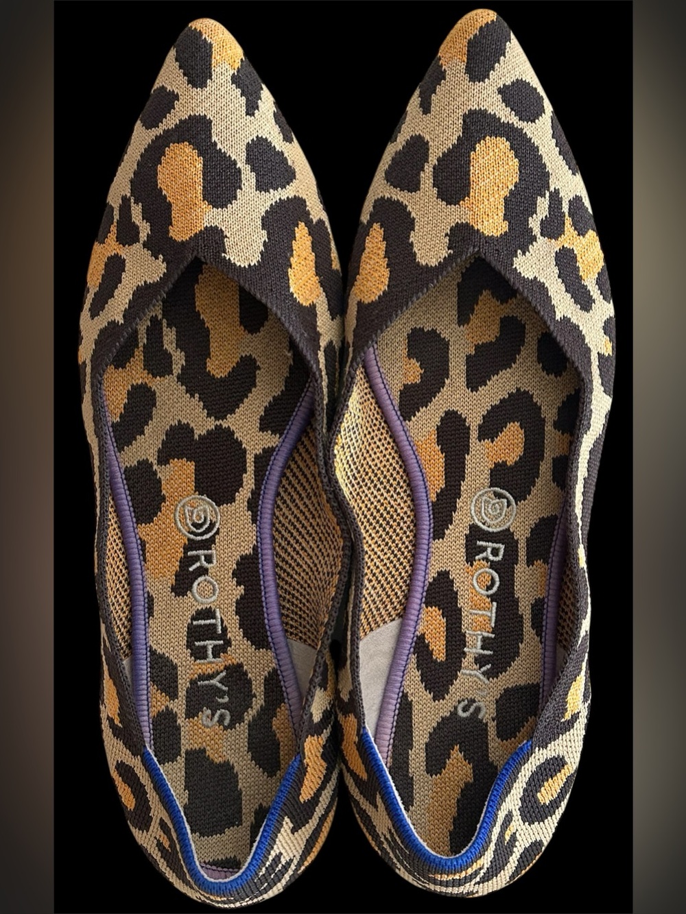 Rothy's Leopard Print Pointed Flats in Tan, Black & Gold